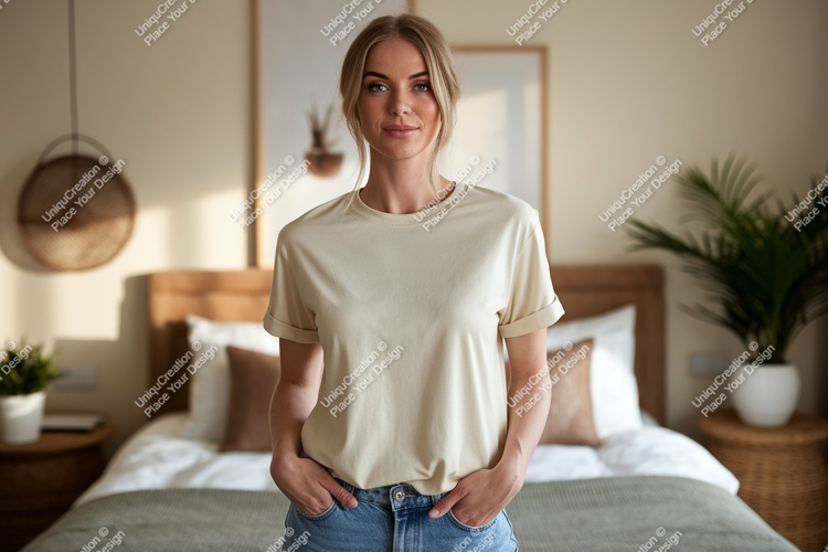 Woman wearing cream t shirt and jeans image
