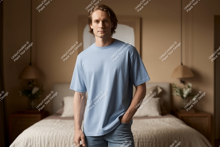 Man wearing light blue t shirt and jeans image