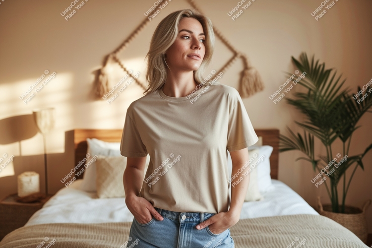 Woman wearing beige t shirt and denim jeans image
