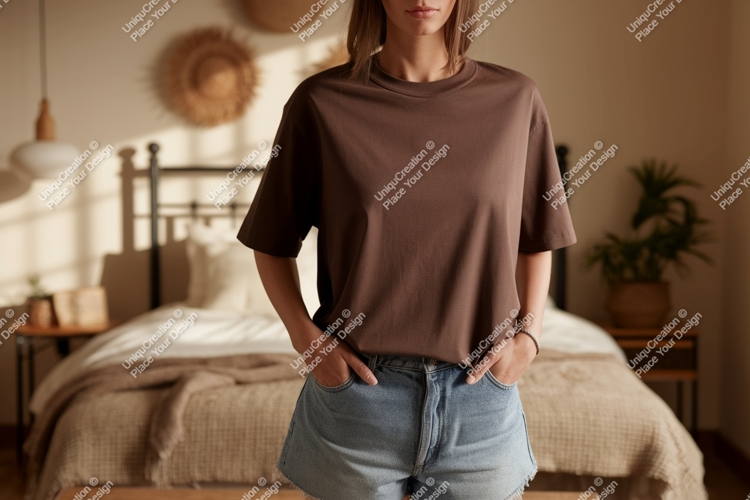Brown t shirt denim shorts mockup image