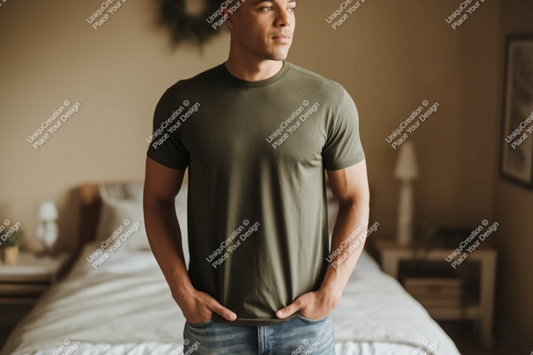 Man wearing olive green t shirt image