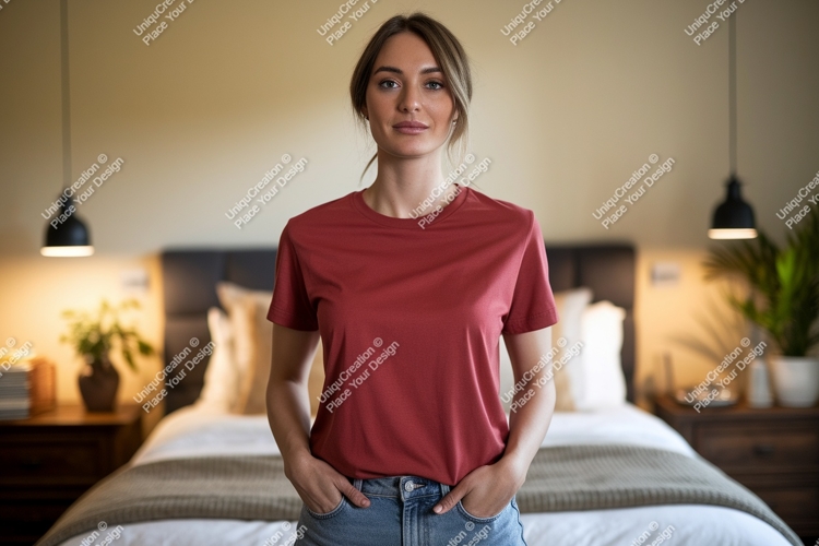 Woman wearing red t shirt and jeans image