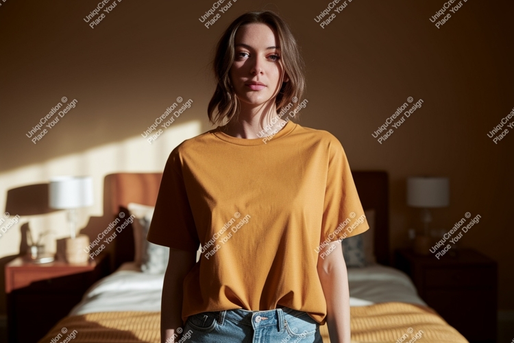 Woman wearing mustard t shirt mockup image