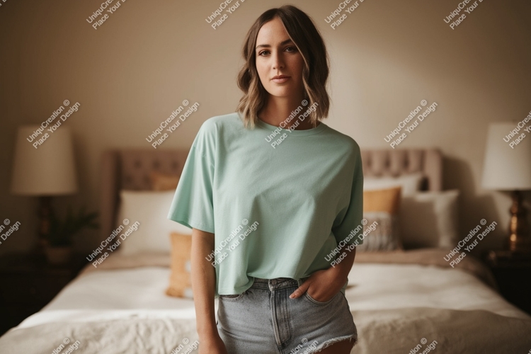 Woman wearing mint t shirt and denim shorts image