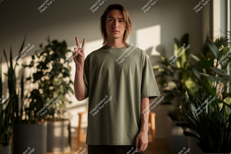 Young man peace sign casual wear male t-shirt