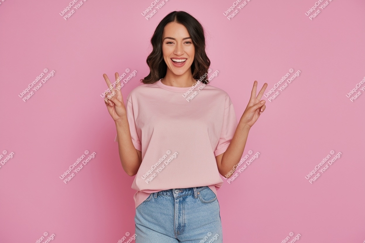 Woman peace sign pink shirt denim image