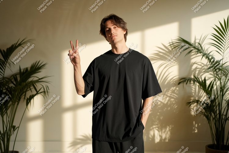 Young man black t shirt peace sign t-shirt