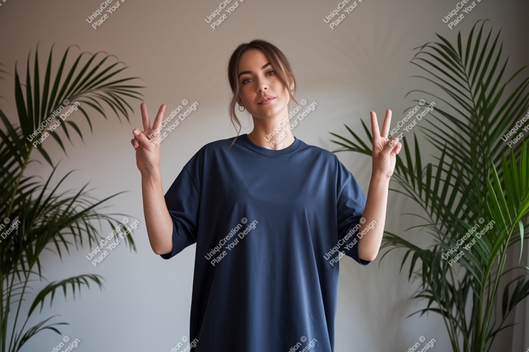 Woman peace sign dark blue t shirt mockup image