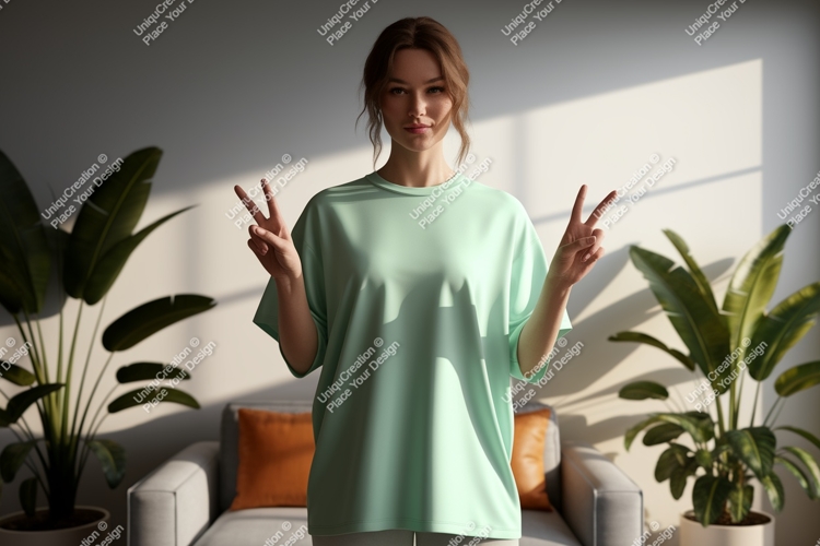 Young Woman Peace Sign Mint Shirt image