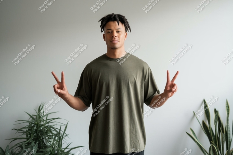 Man peace gesture olive shirt image