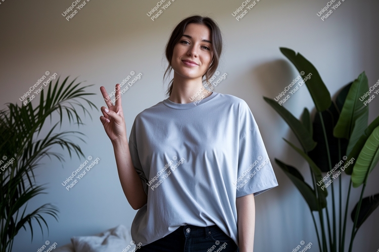 Woman peace sign grey t shirt image