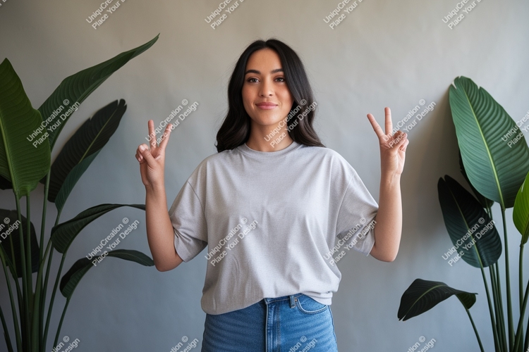 Woman peace sign grey t shirt image