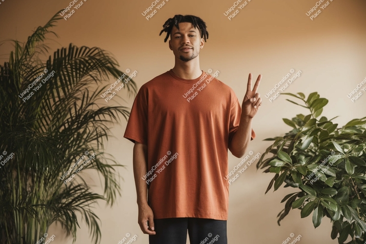 Man wearing terracotta t shirt peace sign image