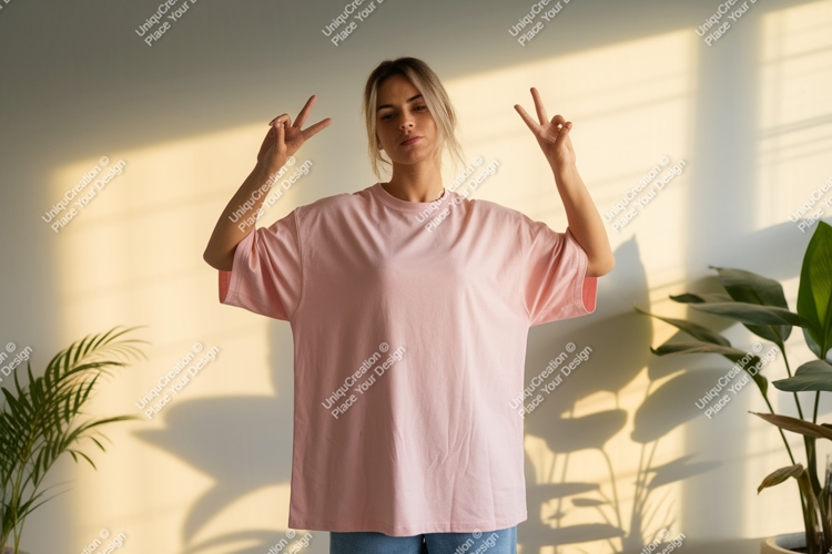 Woman wearing pink t shirt peace sign image