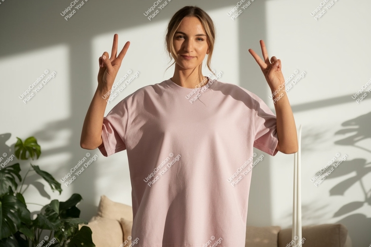 Woman pink shirt peace sign indoor image