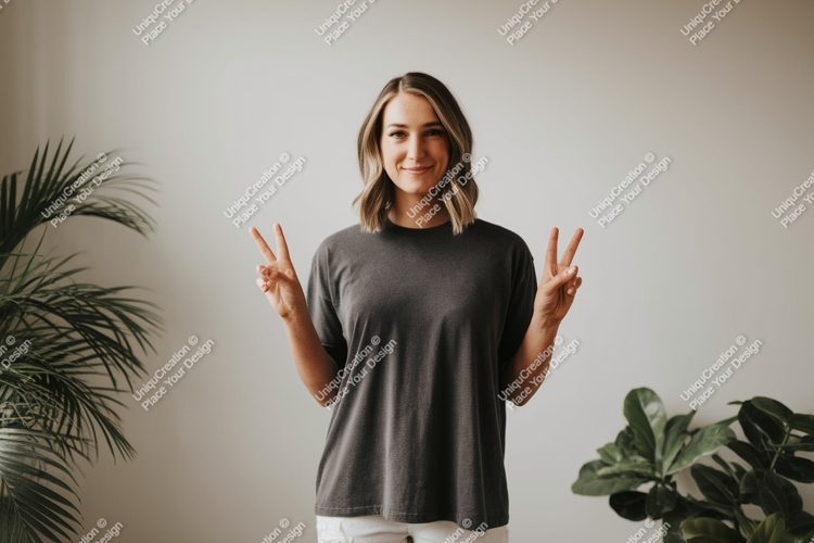 Woman peace sign dark shirt image