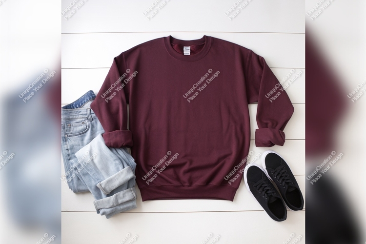 Maroon Sweatshirt Mockup With Jeans And Sneakers