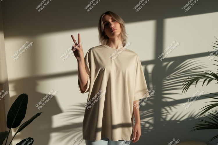 Woman wearing beige t-shirt peace sign