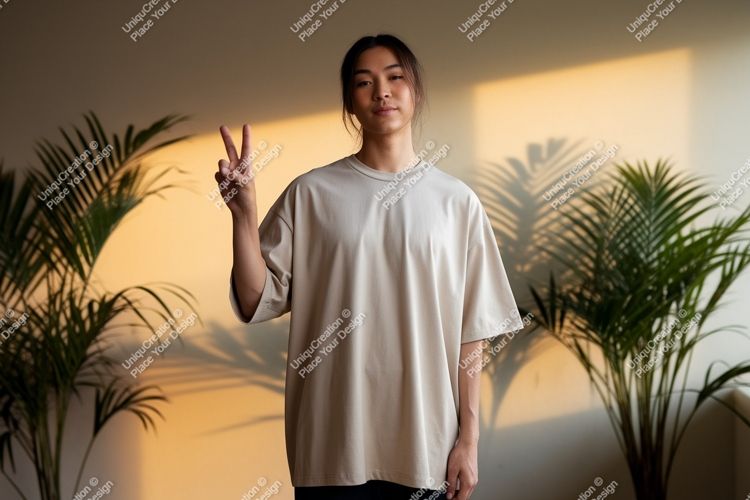 Young man peace sign neutral shirt image
