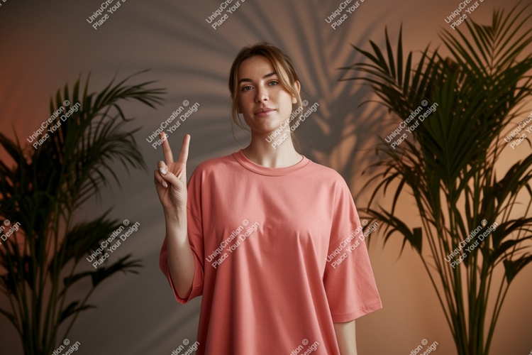 Woman peace sign coral t shirt image