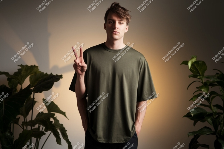 Young man olive shirt peace sign plants male person