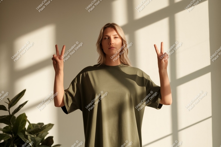Woman wearing olive green t shirt making peace sign