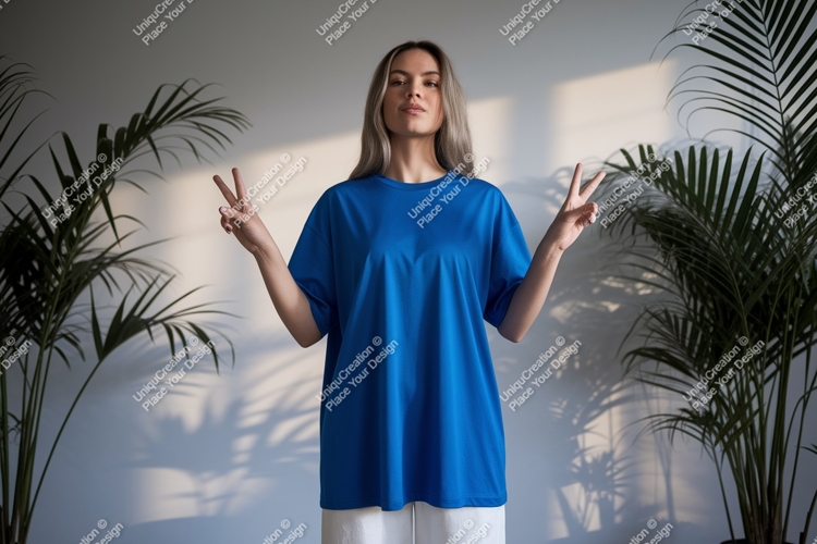 Woman wearing blue t shirt peace sign image