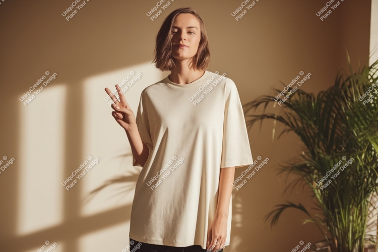 Woman peace sign cream t shirt mockup