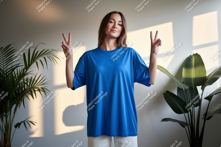 Woman wearing blue t-shirt peace sign image