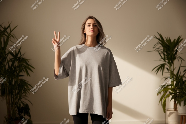 Woman wearing grey t shirt peace sign image