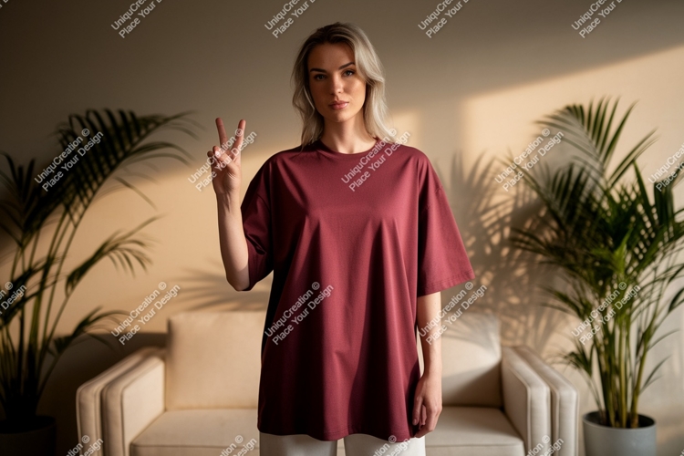 Woman wearing maroon t shirt making peace sign image