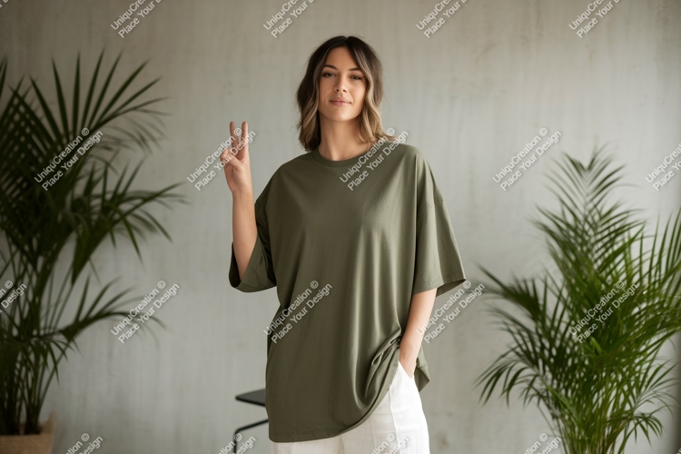 Woman wearing olive green t shirt peace sign image