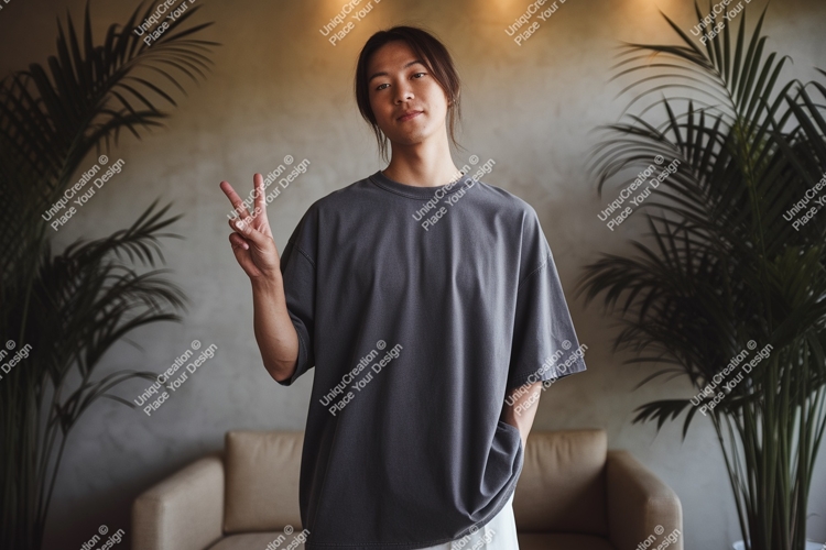 Man wearing grey t shirt peace sign image