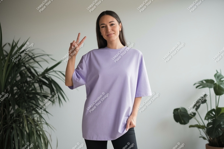 Woman wearing lavender t-shirt and black pants image