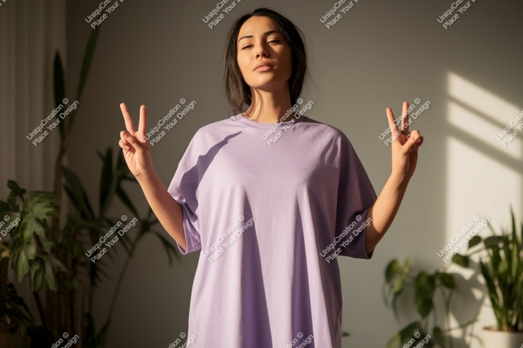 Young woman peace gesture purple shirt image