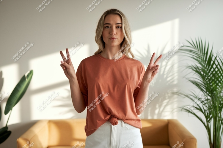 Woman peace gesture terracotta shirt white pants image