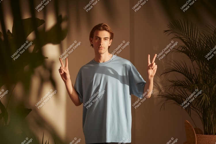 Young Man Peace Gesture Blue T Shirt image