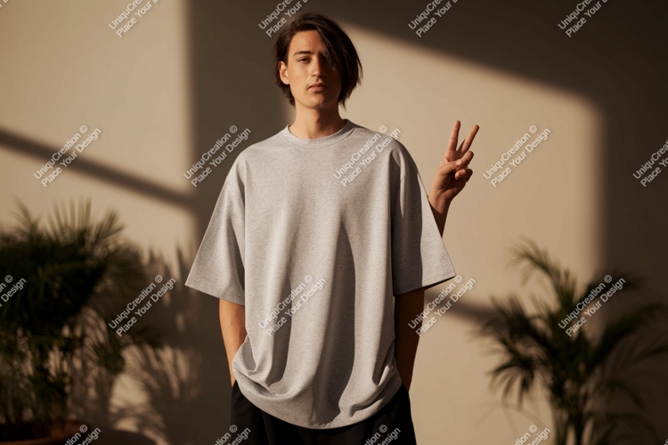 Young man grey t shirt peace sign male