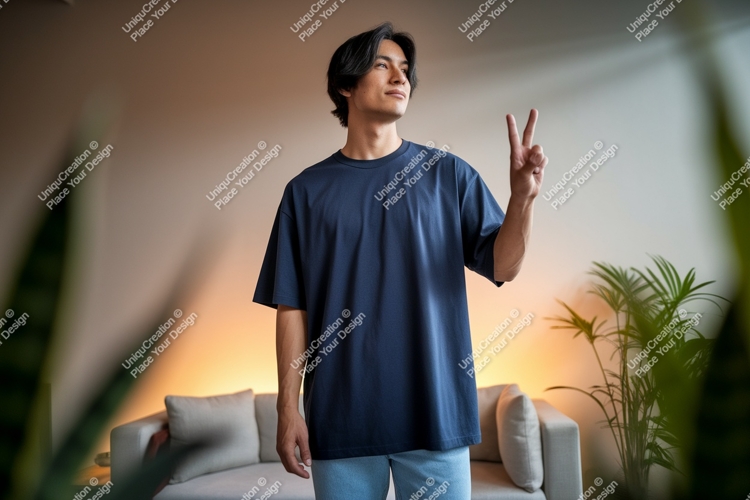 Young man navy shirt peace sign image