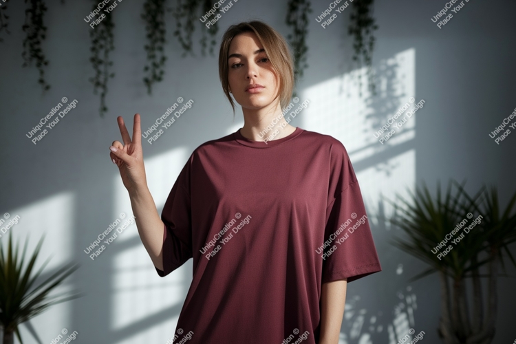 Woman wearing maroon t-shirt making peace sign image