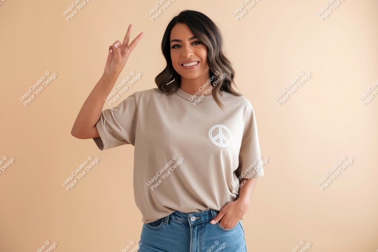 Woman wearing beige t-shirt peace sign jeans image