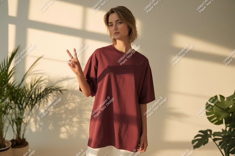 Woman wearing maroon t shirt peace sign image