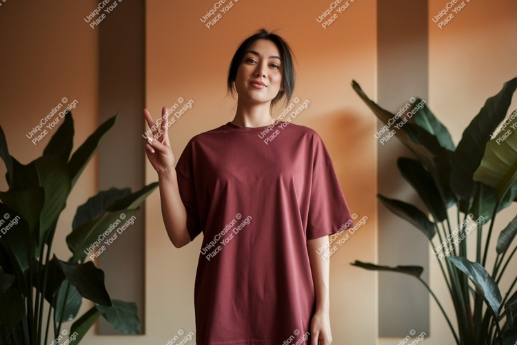 Woman wearing maroon t shirt peace sign image