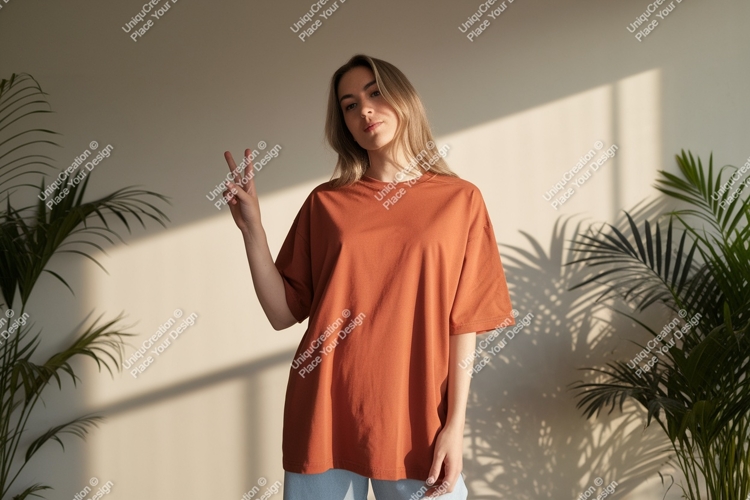 Woman wearing terracotta t shirt peace sign image