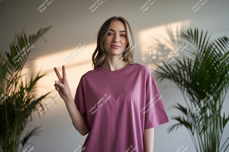 Woman wearing pink t shirt peace sign image