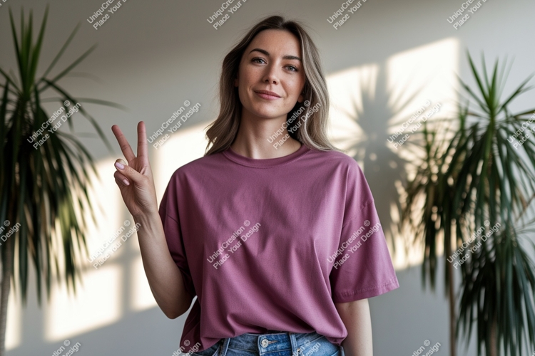 Woman peace sign casual clothing image