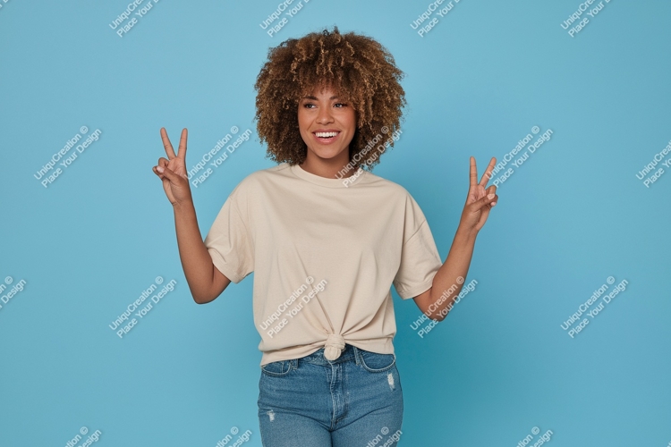 Woman peace gesture casual clothing image