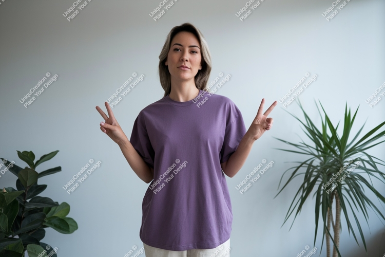 Woman purple shirt peace gesture indoor image