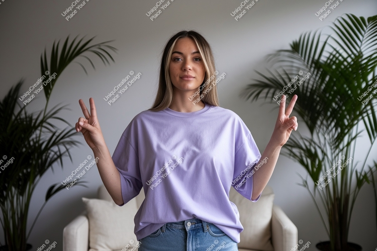 Young woman peace sign lavender t-shirt mocku