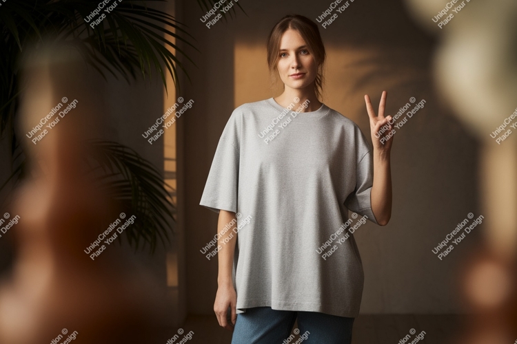 Woman wearing grey t shirt showing peace sign image